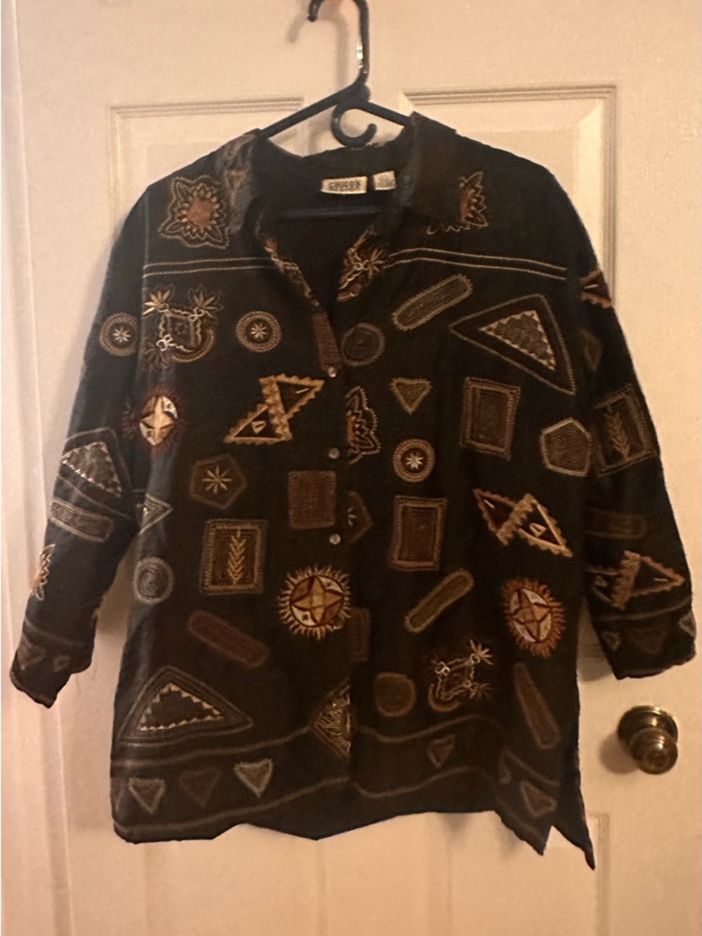Chico's Vintage Black Button-Up Shirt with Embroidered Geometric & Sun Motifs